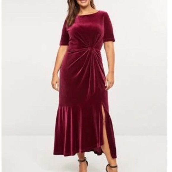 Lane Bryant Burgundy Velvet MIDI Front Slit Dress Size 18/20 Event Holiday Party - Picture 2 of 16
